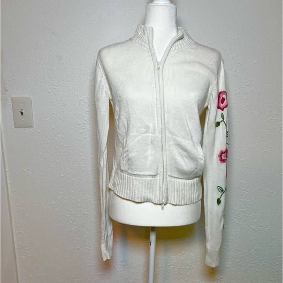 VNTG Y2K Smudge Zip Up Embroidered turtleneck Cardigan - Picture 1 of 6